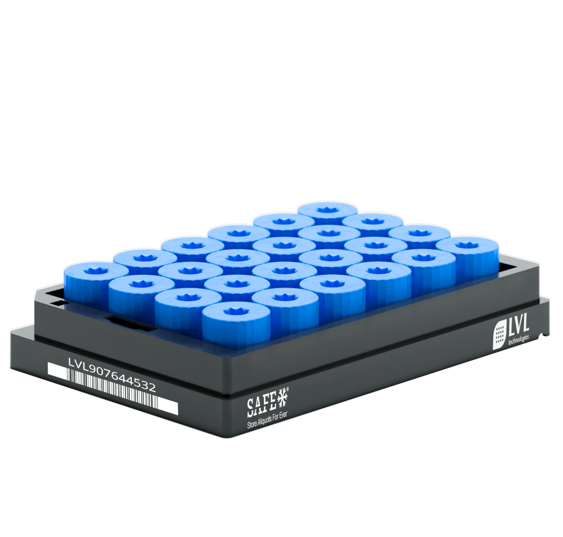 LVL SAFE® XXLX 2000 Microliter / 2 ml Rack mit verschlossenen 24 2D Tubes inklusive blauer Screw Caps