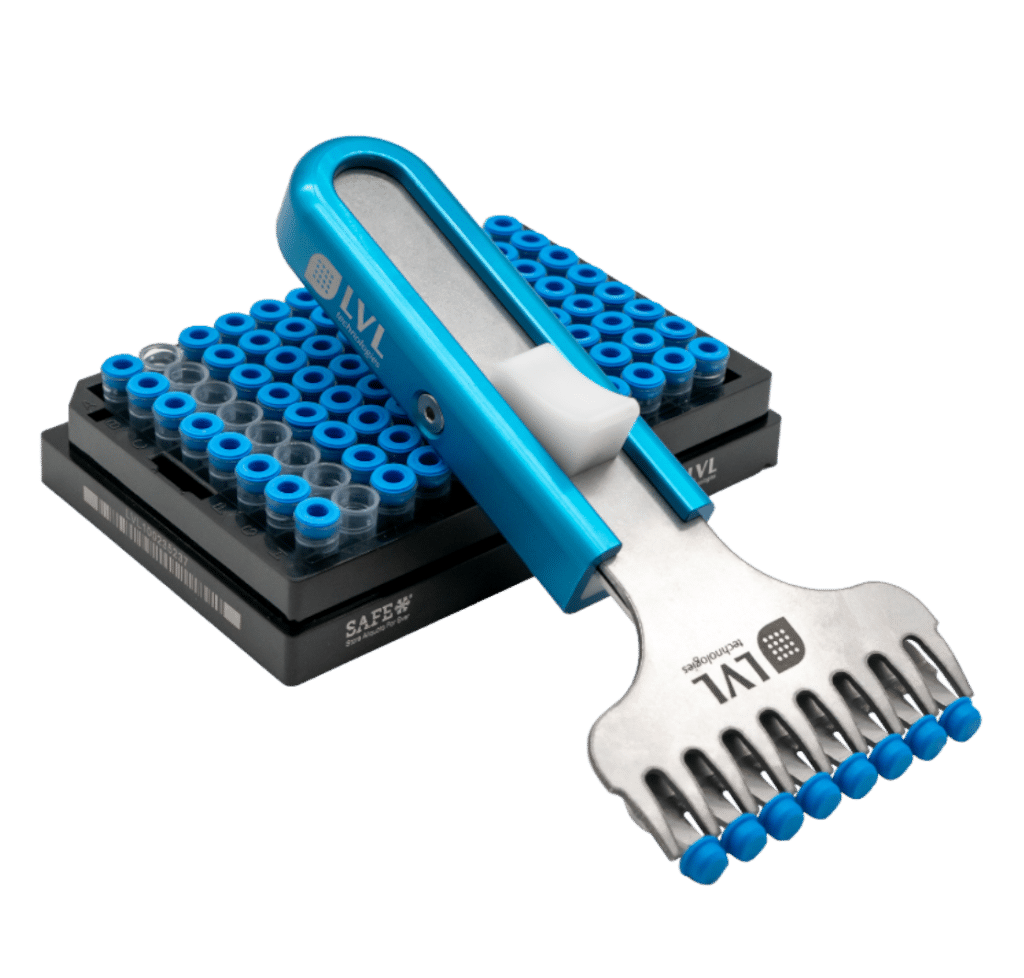 LVL SAFE® handheld push cap decapper designed for quick and convenient removal of push caps from 2D coded sample tubes supporting laboratory workflows biobanking applications and efficient manual sample handling in laboratory environments