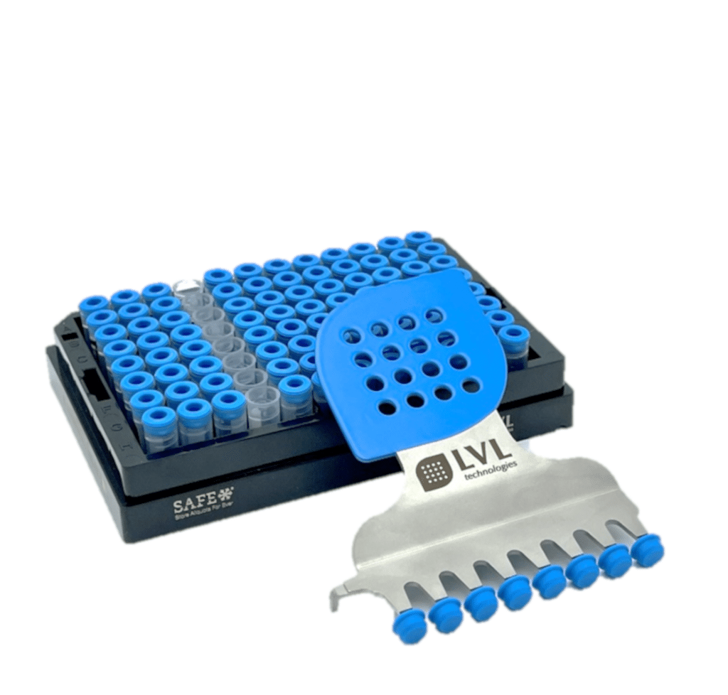 LVL SAFE® manual cap desealer designed for safe and efficient removal of caps from 2D coded sample tubes supporting laboratory workflows biobanking applications and reliable manual sample handling in laboratory environments
