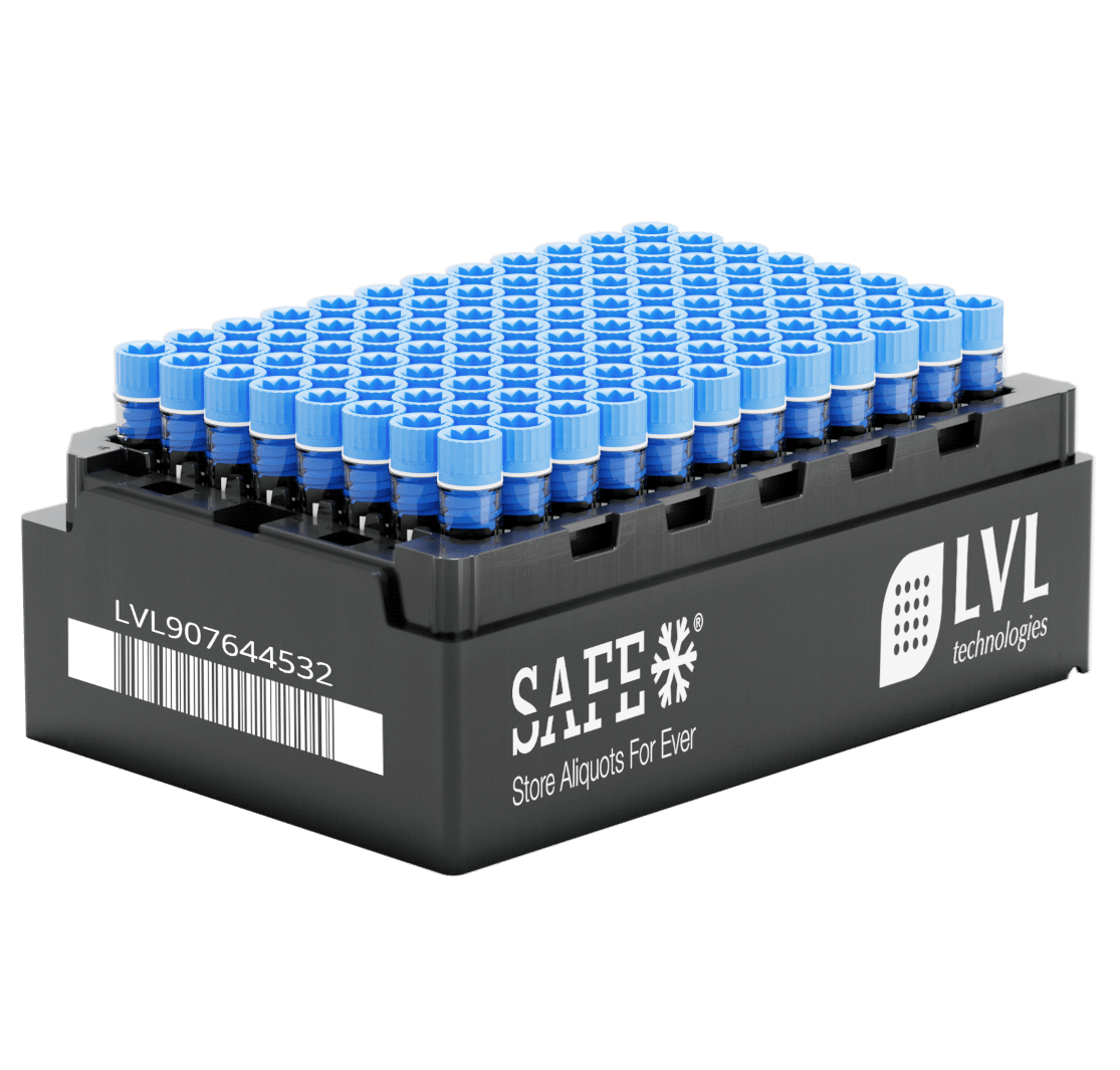 SAFE® 96 Tissue Collection Tool mit LI1000-2D-Tubes und blauen FishCaps im 96-SBS-Rack