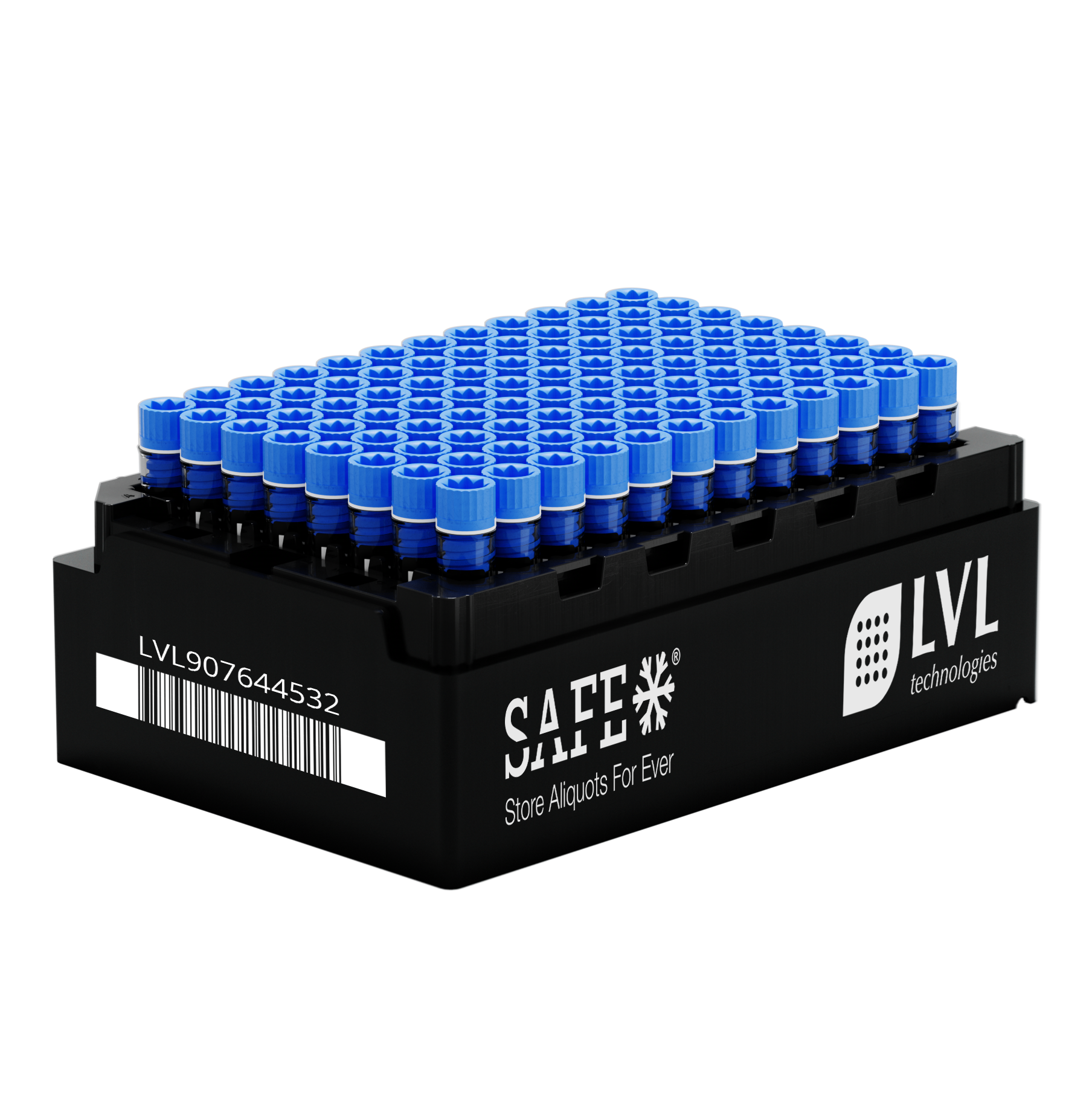 SAFE® LI1000 Rack mit verschlossenen 2D Tubes und blauen Screw Caps im 96er-SBS-Format
