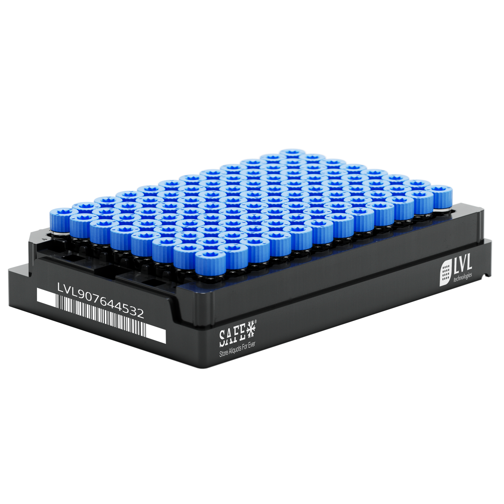 LVL SAFE® 96 SBS rack designed for structured and space efficient storage of 2D coded sample tubes supporting laboratory automation biobanking workflows and secure sample organization in freezers and laboratory environments