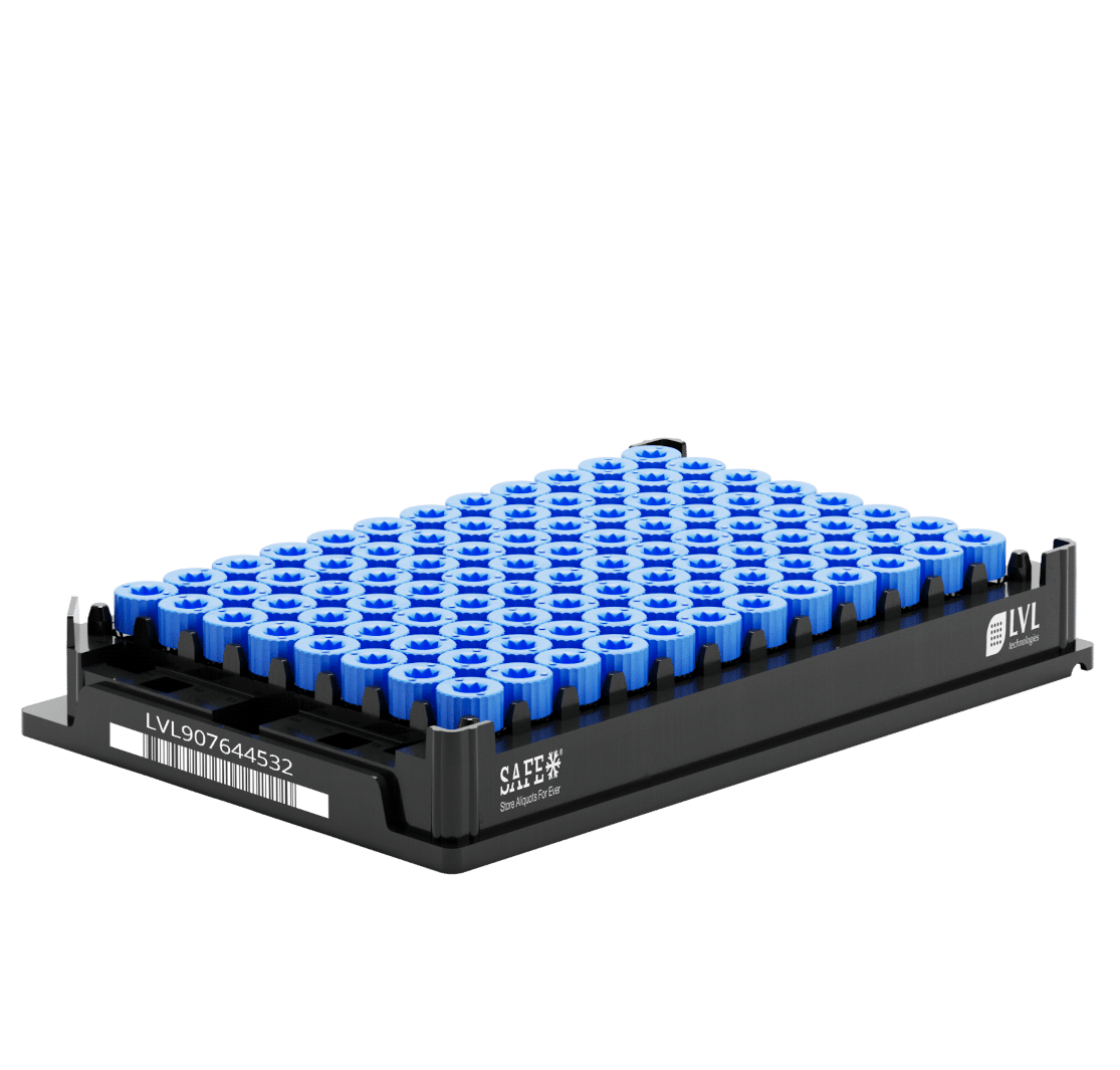 LVL SAFE® SX 300 Microliter / 0,3 ml Rack mit blauen Caps und 96 2D Tubes im standardisierten SBS-Format