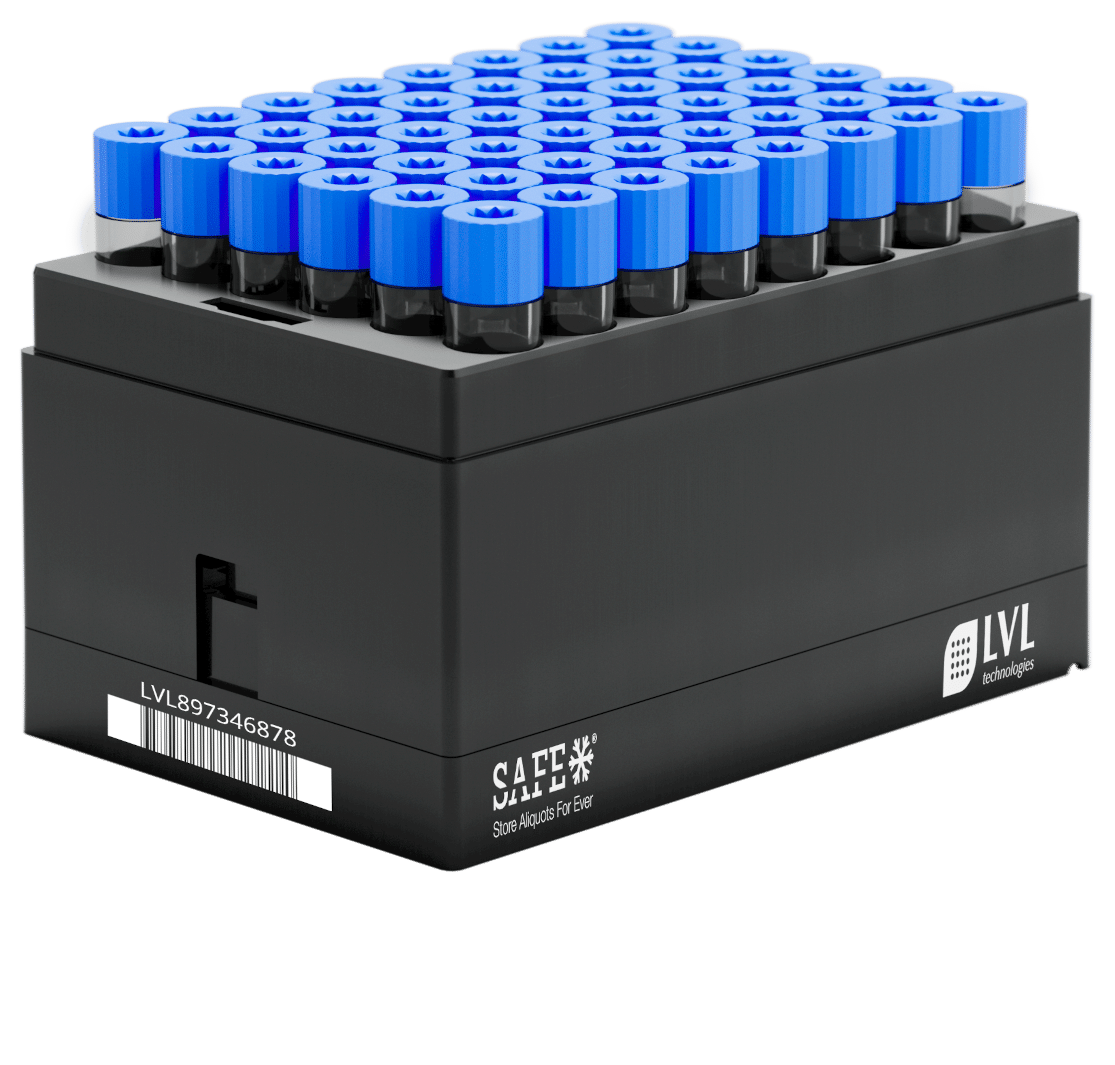 LVL SAFE® XT48 rack designed for structured and space efficient storage of 2D coded sample tubes supporting laboratory automation biobanking applications and reliable sample organization in ultra low temperature freezers and laboratory environments