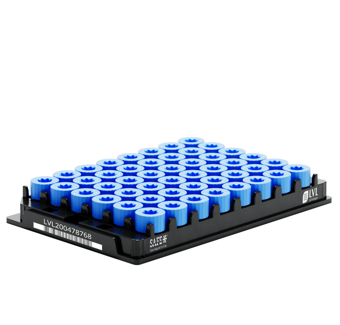 LVL SAFE® XLX 500 Microliter / 0,5 ml Rack mit blauen Caps und Gewebe-Tubes im 48-Well-SBS-Format