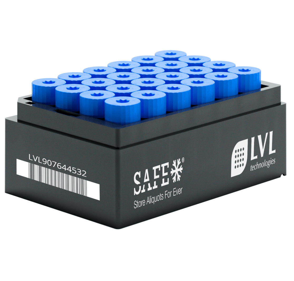 SAFE® XXLX 6000 Microliter / 6 ml Rack mit verschlossenen 2D Tubes und blauen Screw Caps