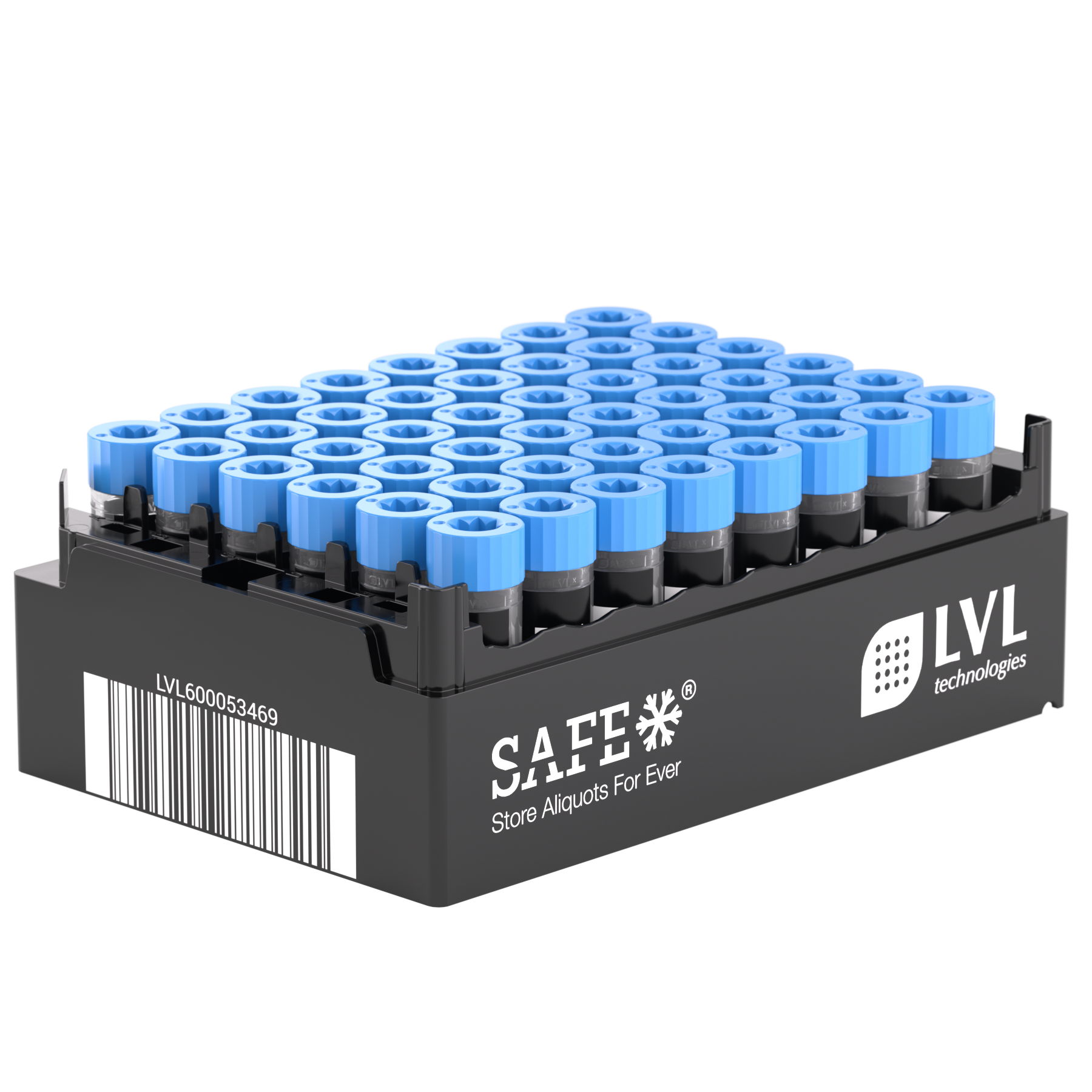 LVL SAFE® XT48 rack designed for structured and space efficient storage of 2D coded sample tubes supporting laboratory automation biobanking applications and reliable sample organization in ultra low temperature freezers and laboratory environments