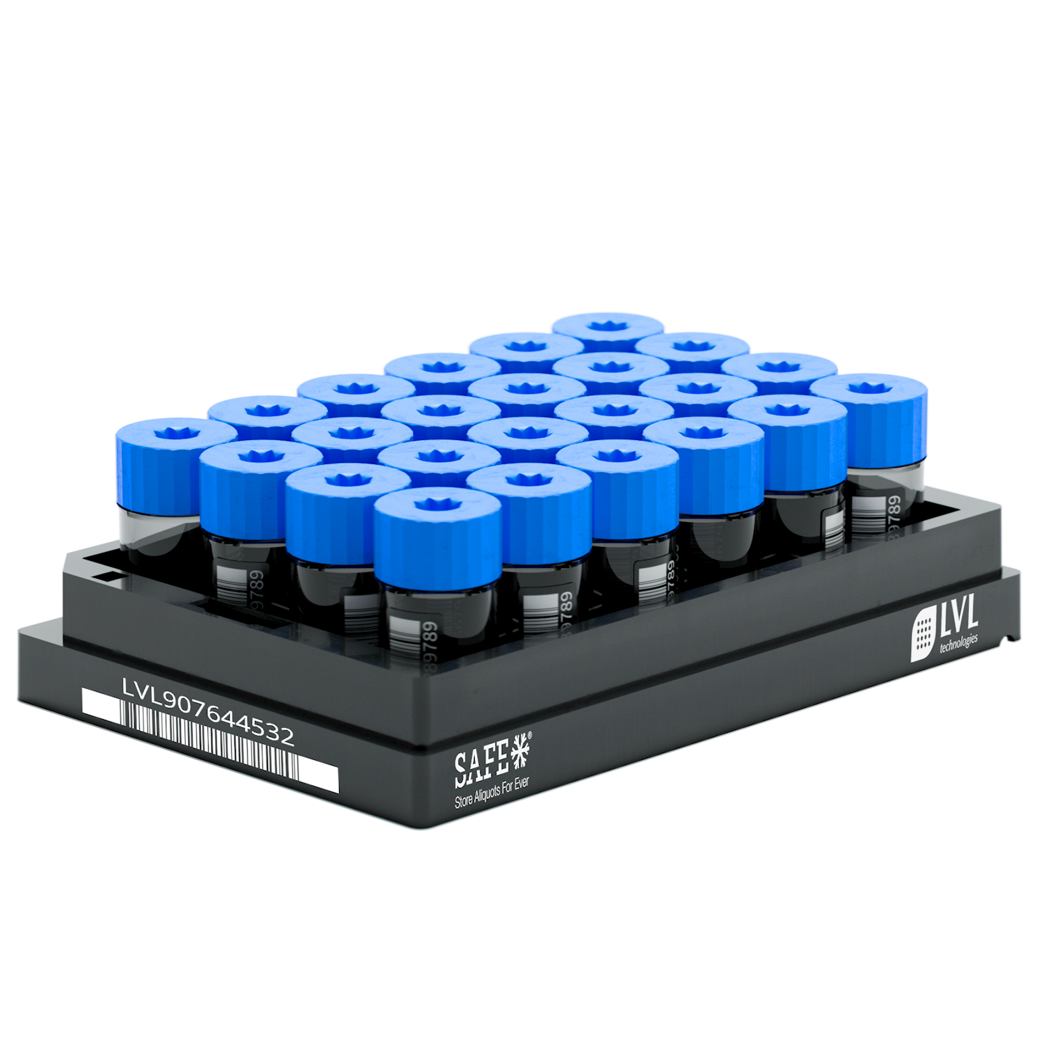 LVL SAFE® 24XT rack designed for compact and structured storage of 2D coded sample tubes supporting laboratory automation biobanking workflows and efficient sample management in ultra low temperature freezers and laboratory environments