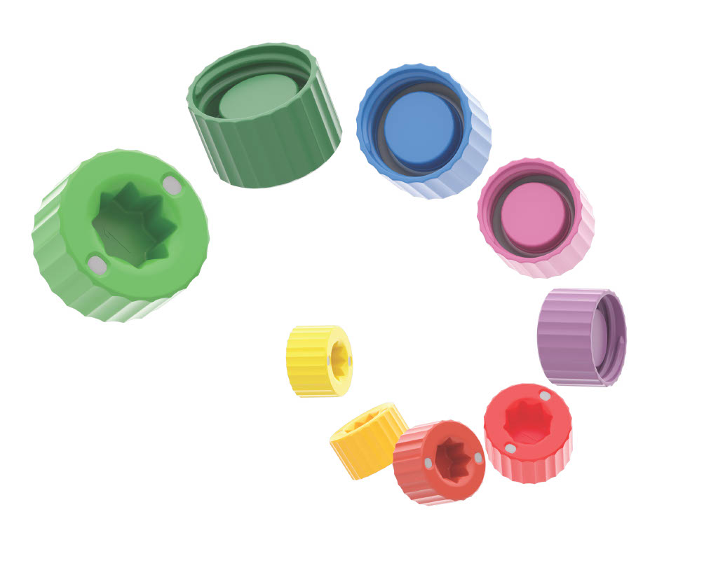 SAFE® caps available in 16 different colors for secure sealing of 2D sample tubes suitable for color coded sample identification laboratory automation biobanking workflows and structured sample organization in laboratory environments
