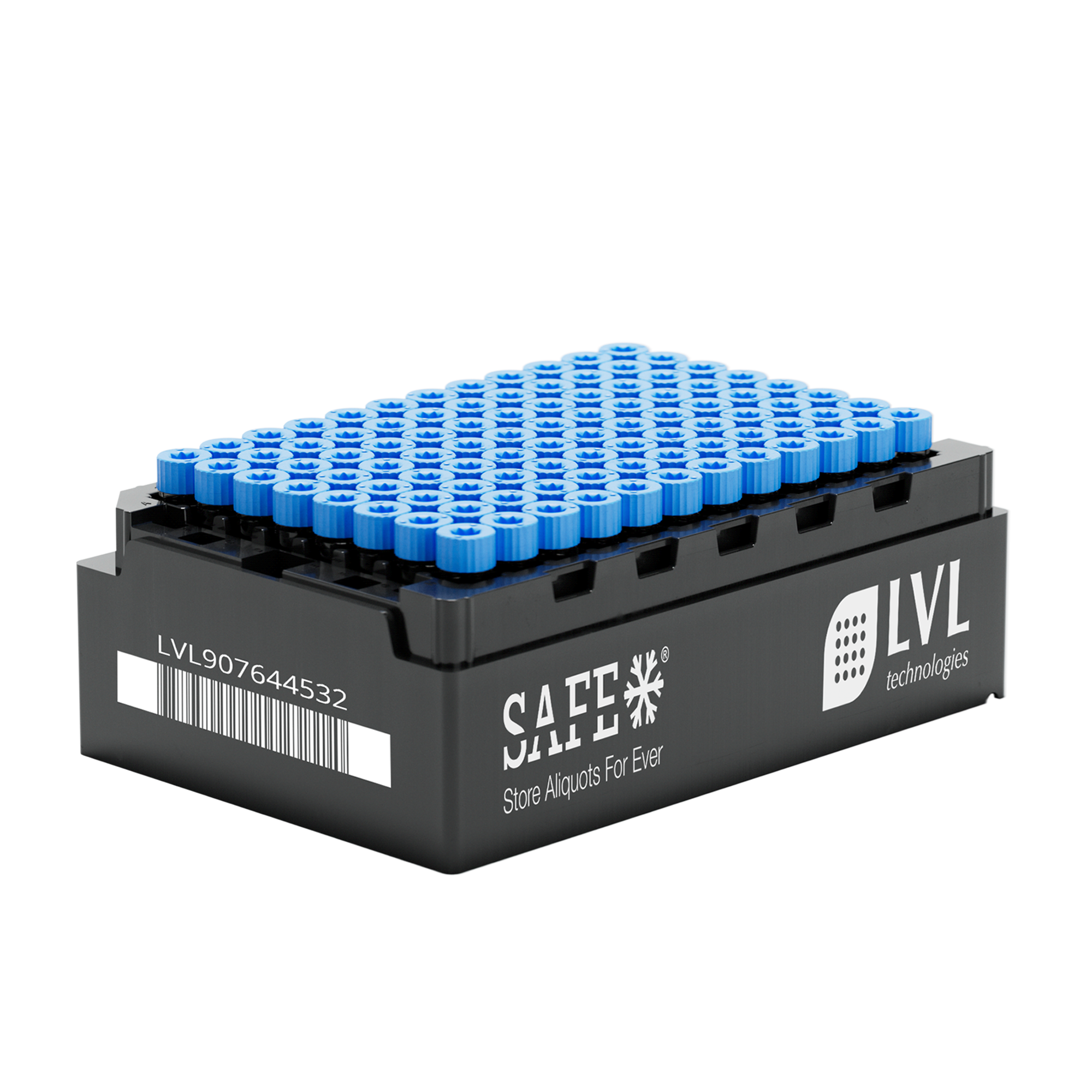LVL SAFE® 96 SBS rack designed for structured and space efficient storage of 2D coded sample tubes supporting laboratory automation biobanking workflows and secure sample organization in freezers and laboratory environments