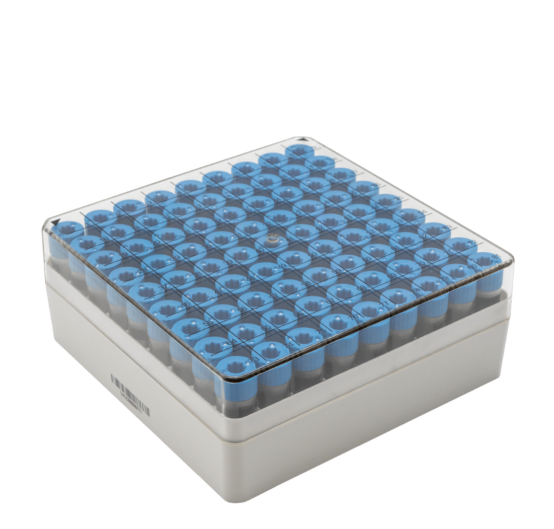 LVL CRYO 2D Tube Rack mit 96 Cryo 2D-Tubes und transparentem Deckel zur sicheren Probenlagerung bei -196°C