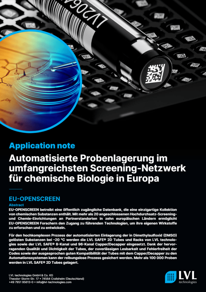 EU-OPENSCREEN nutzt automatisierte Systeme und LVL SAFE® 2D Röhrchen zur sicheren Lagerung von über 100.000 chemischen Proben bei –20°C. Die Lösung ermöglicht eine fehlerfreie Identifikation, hohe Prozesssicherheit und eine effiziente Bereitstellung für Forschung und Wirkstoffentwicklung.