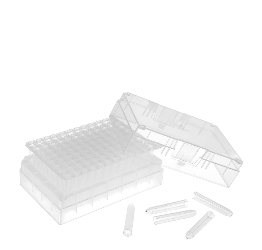 LVL Röhrchen-Rack-System im 96-Well-SBS-Format mit Deckel und entnehmbaren Probenröhrchen aus Polypropylen