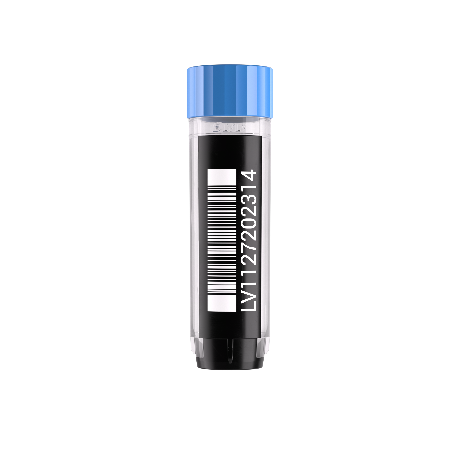 LVL SAFE® XLX 2000 Tube mit blauem Screw Cap und laserbeschriftetem 2D-Barcode zur Probenidentifikation